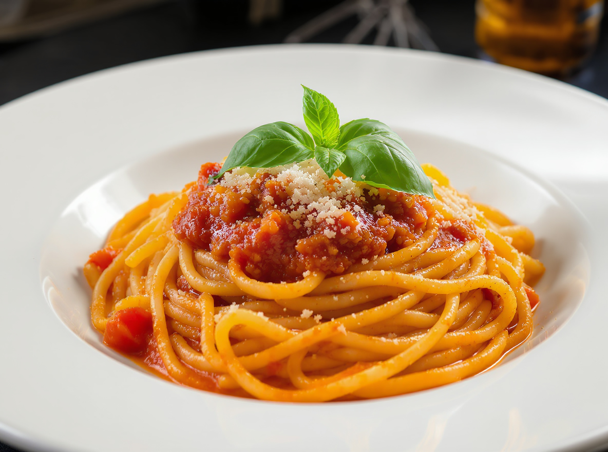 Espaguetis tomate y albahaca