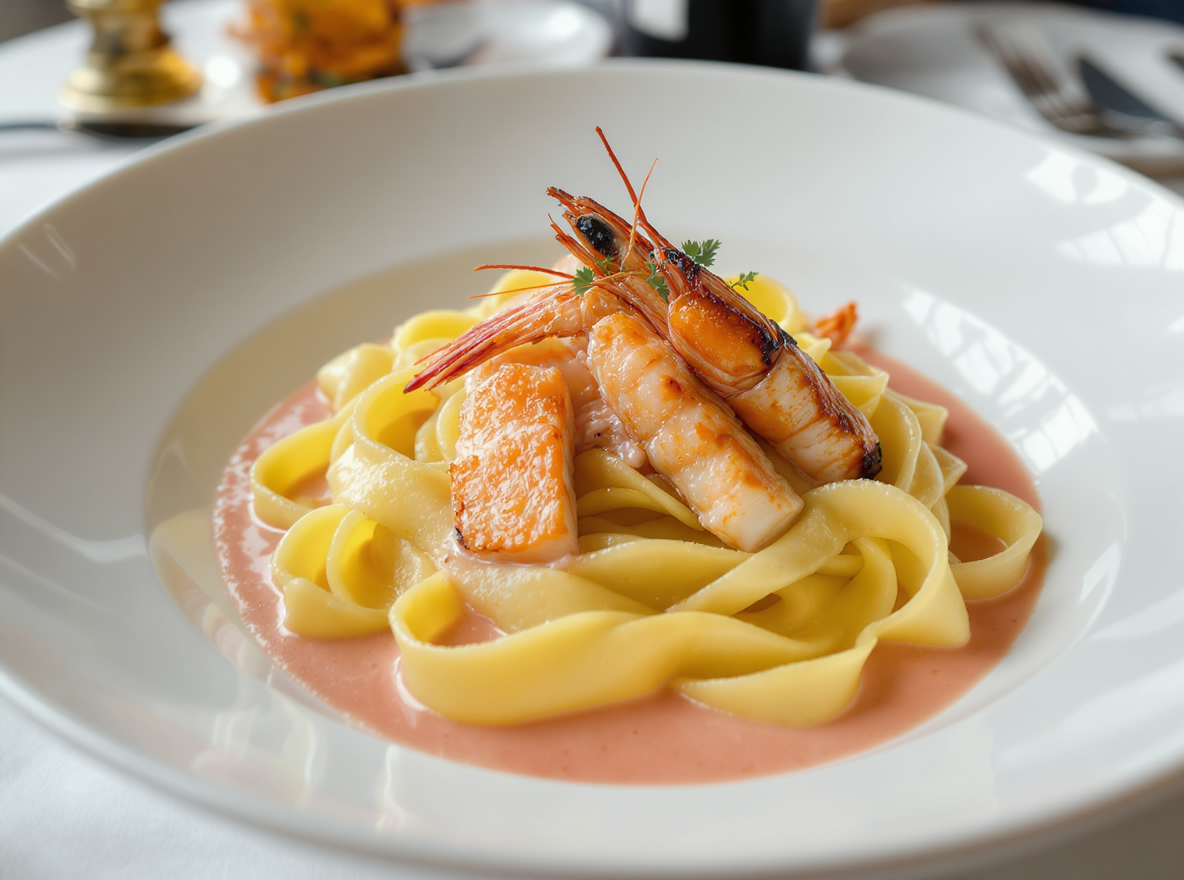 Pappardelle con salmón y langostinos