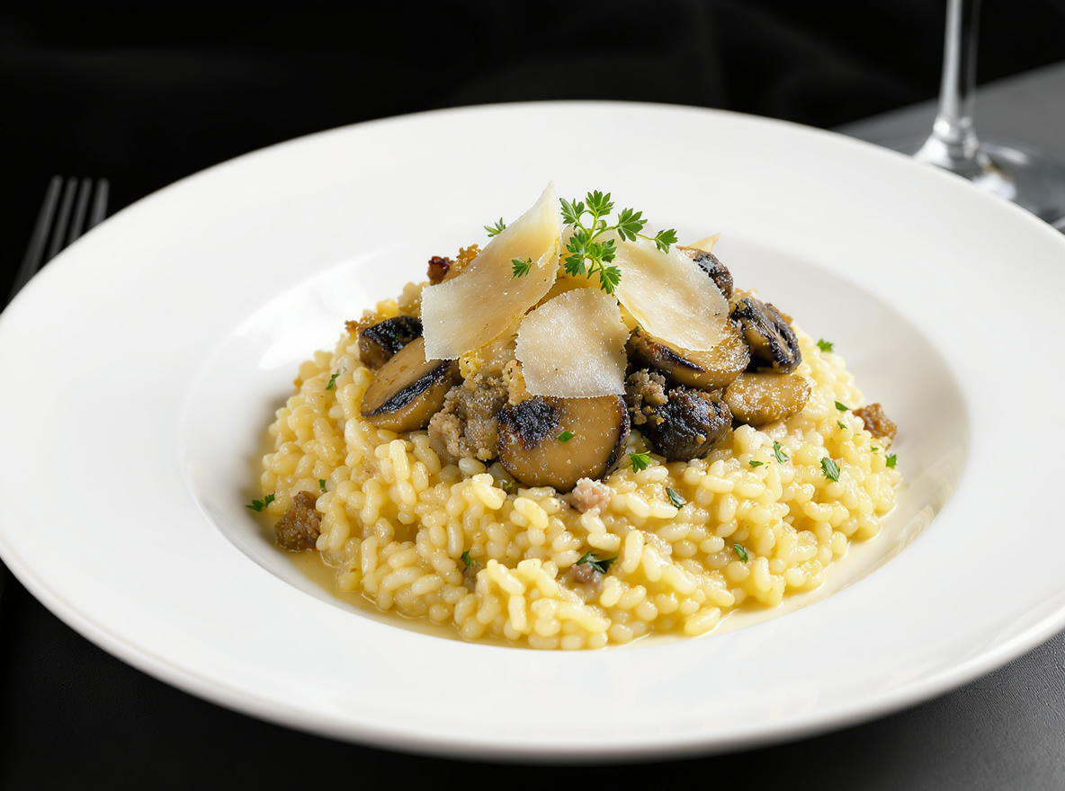 Risotto champiñones y salchicha